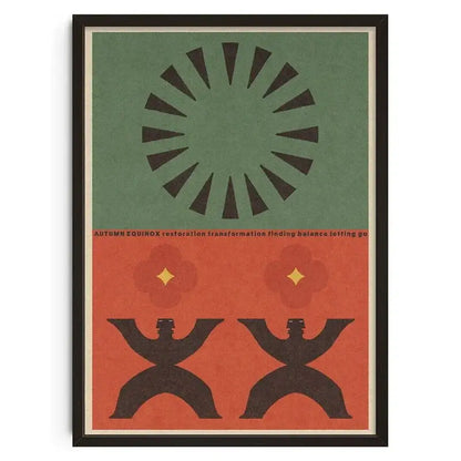 A decorbites™ retro abstract canvas print wall art featuring black silhouettes with orange, green, and dark sunburst rays