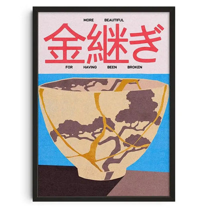 A DecorBites™ retro abstract canvas print wall art featuring a beige ceramic bowl with gold repair lines on blue