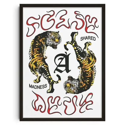 A decorbites™ retro abstract canvas print wall art featuring two stylized tigers with bold black outlines and orange-yellow stripes