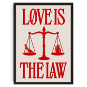 Red love is the law framed poster with a scale and heart design on retro abstract canvas print wall art by decorbites