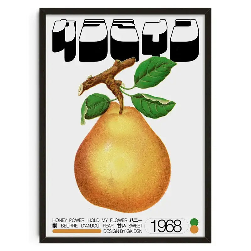 DecorBites™ retro abstract canvas print wall art featuring a golden-yellow pear illustration with green leaves on white