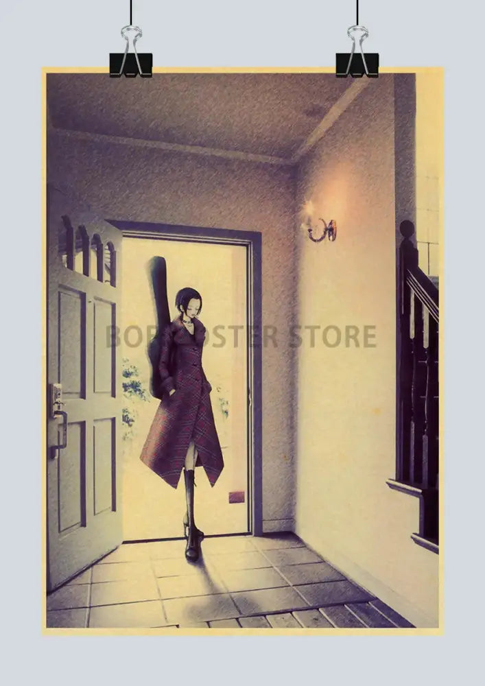 A vintage-style retro anime nana kraft poster featuring a woman in a dark coat carrying a guitar case in a hallway