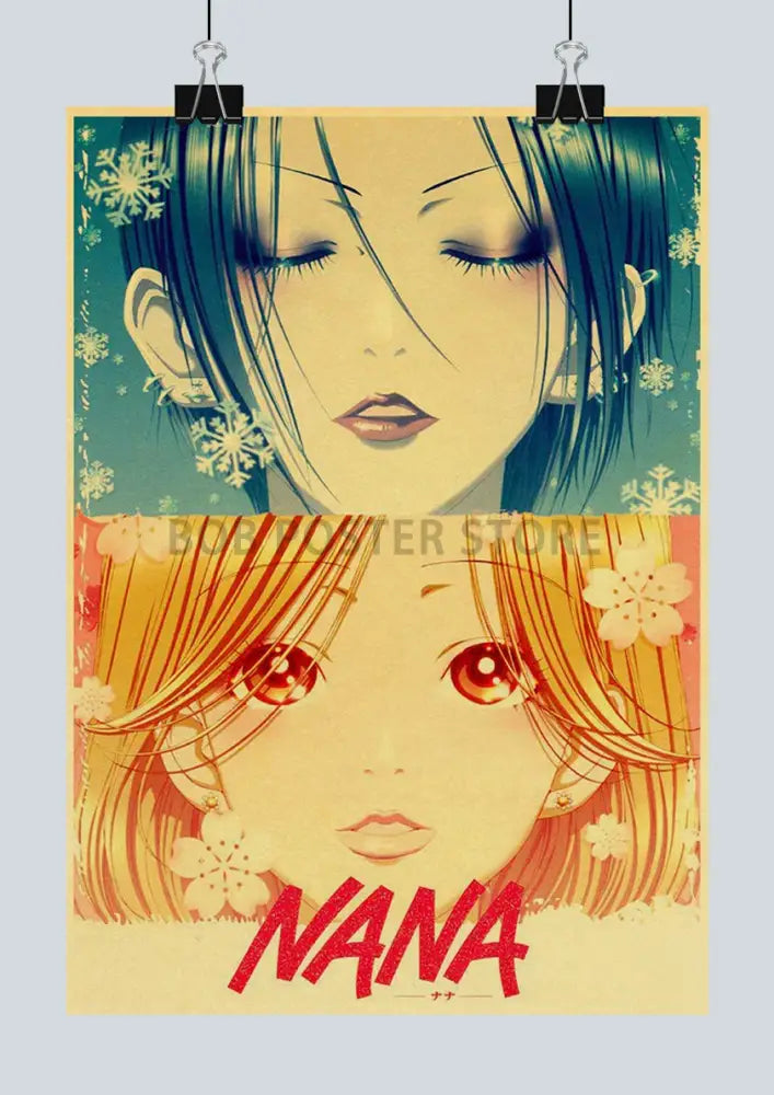 Decorbites™ retro anime nana kraft poster features vintage-style illustrated faces with floral motifs in contrasting colors