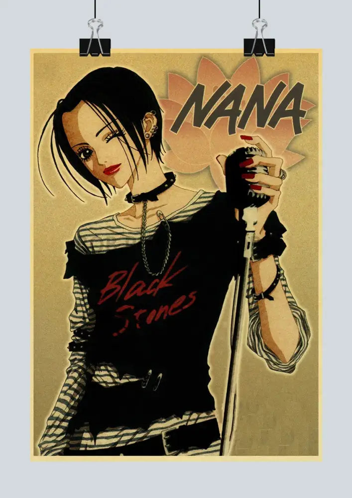 Vintage-style retro anime nana kraft poster featuring an anime character with short black hair and microphone