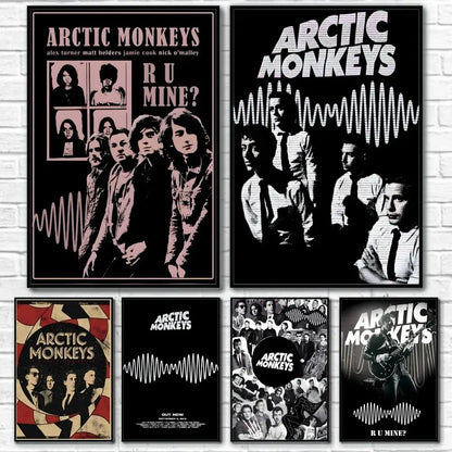 Set of five retro arctic monkeys black and white wall art posters with vintage wave patterns and r u mine album title