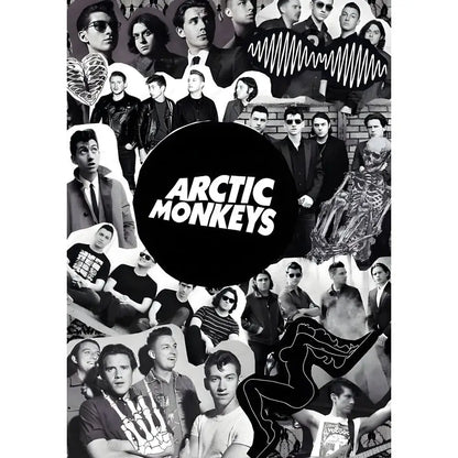 Black circular logo wall art with bold white arctic monkeys text for retro arctic monkeys waterproof poster
