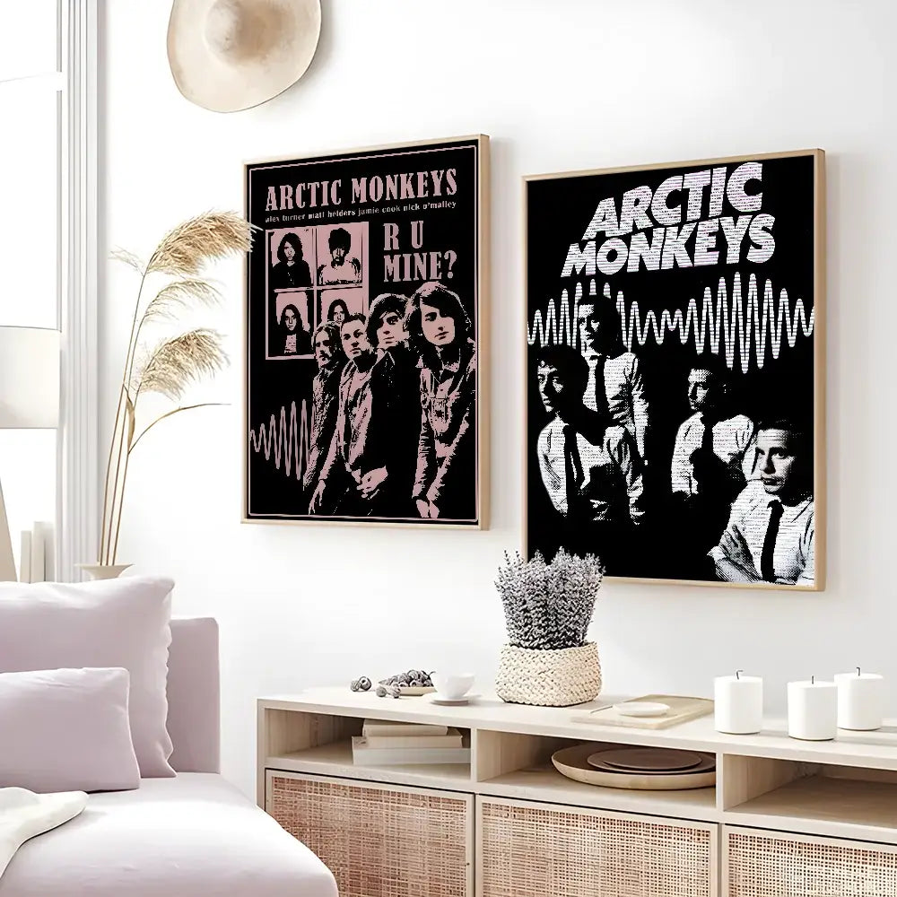Two framed retro arctic monkeys wall art posters featuring sepia wave pattern and bold black and white designs
