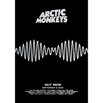 Black waterproof wall art poster with white text and waveform design featuring retro arctic monkeys singer decorbites