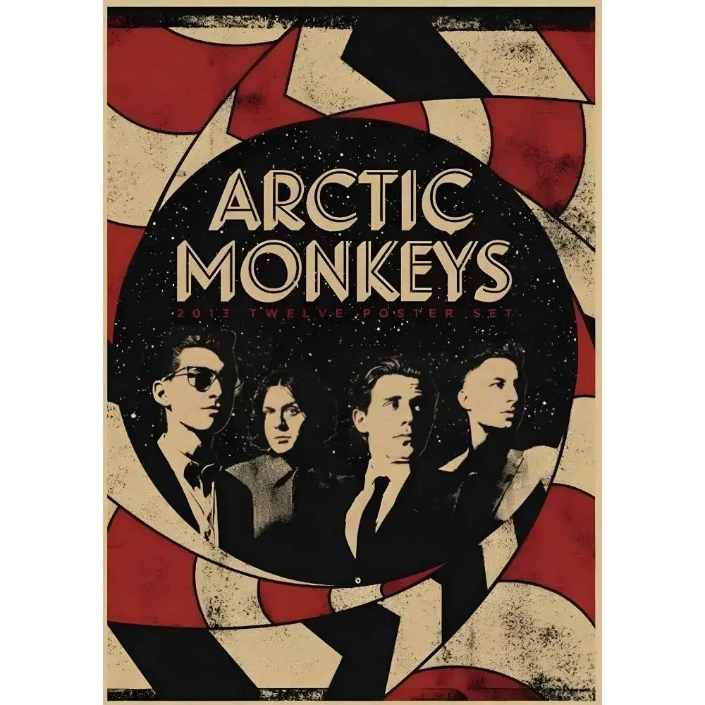 Vintage-style DecorBites™ retro Arctic Monkeys wall art featuring a circular band portrait on red black beige geometric background