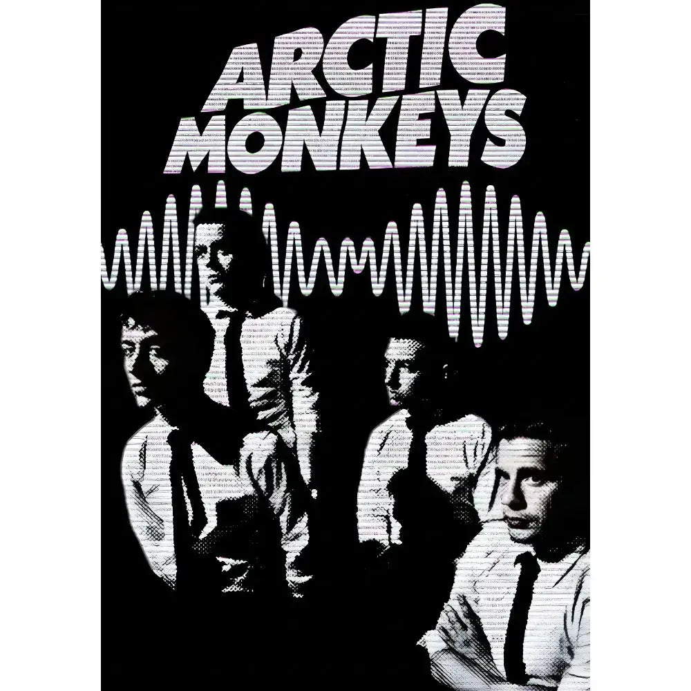 Black and white retro arctic monkeys wall art poster with stylized text designed as waterproof decorbites™ wall art