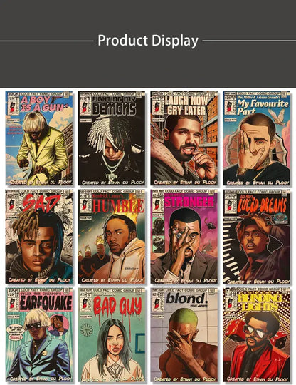 A collection of ten vibrant hip hop singer posters on glossy paper featured in decorbites retro canvas print