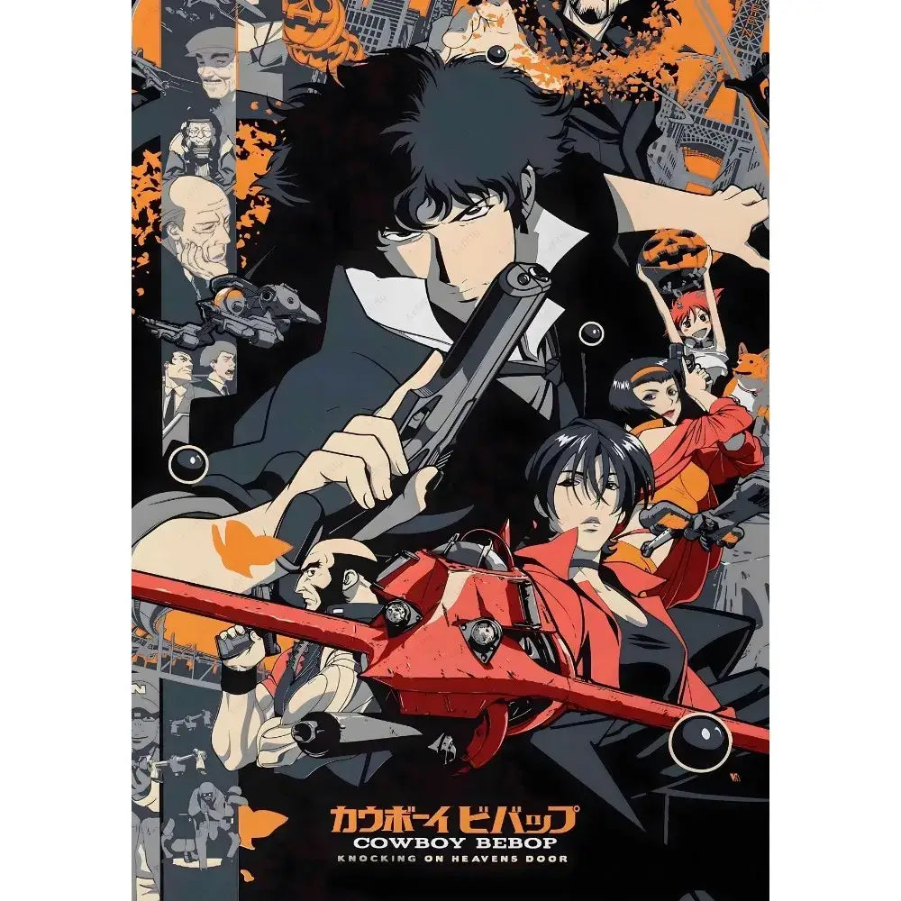 Decorbites™ retro cowboy bebop anime poster featuring black-haired character in dark coat holding gun with red accents
