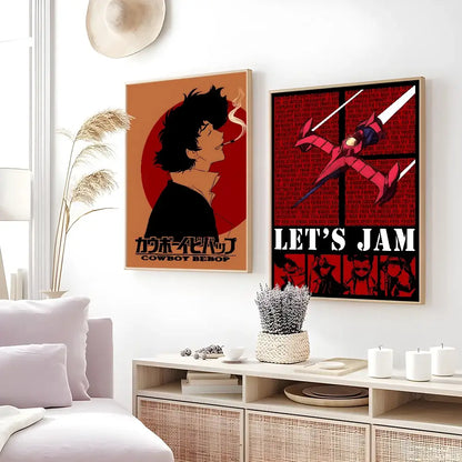 Decorbites™ retro cowboy bebop anime poster with orange red frame featuring silhouette of protagonist smoking and japanese text