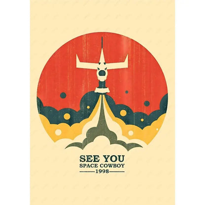 Decorbites retro cowboy bebop anime poster featuring a space cowboy rocket launch with red and yellow backdrop for home decor