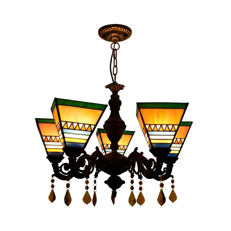 DecorBites retro geometric stained glass chandelier with amber green blue shades and crystal pendants for bedroom