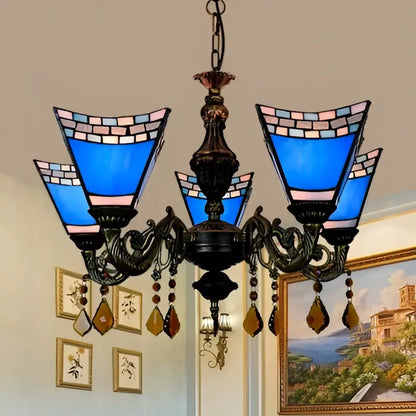 DecorBites retro geometric stained glass chandelier with yellow blue glass and amber crystal pendants for bedroom