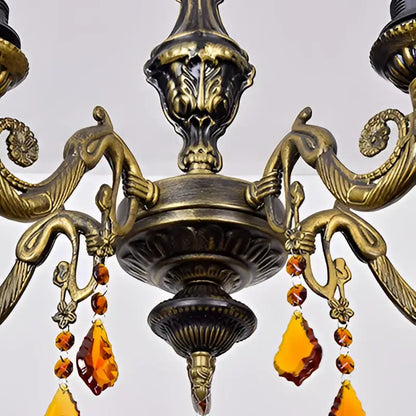 Decorbites retro geometric stained glass chandelier with yellow blue stained glass and amber crystal pendants for bedroom
