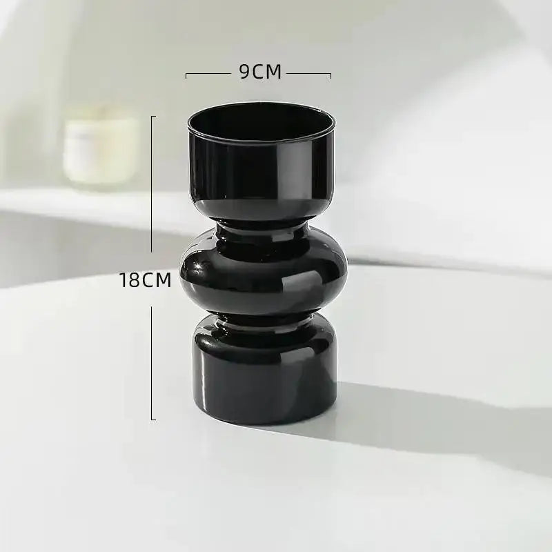 Black glossy ceramic retro glass vase with three stacked rounded sections for DIY flower arrangements