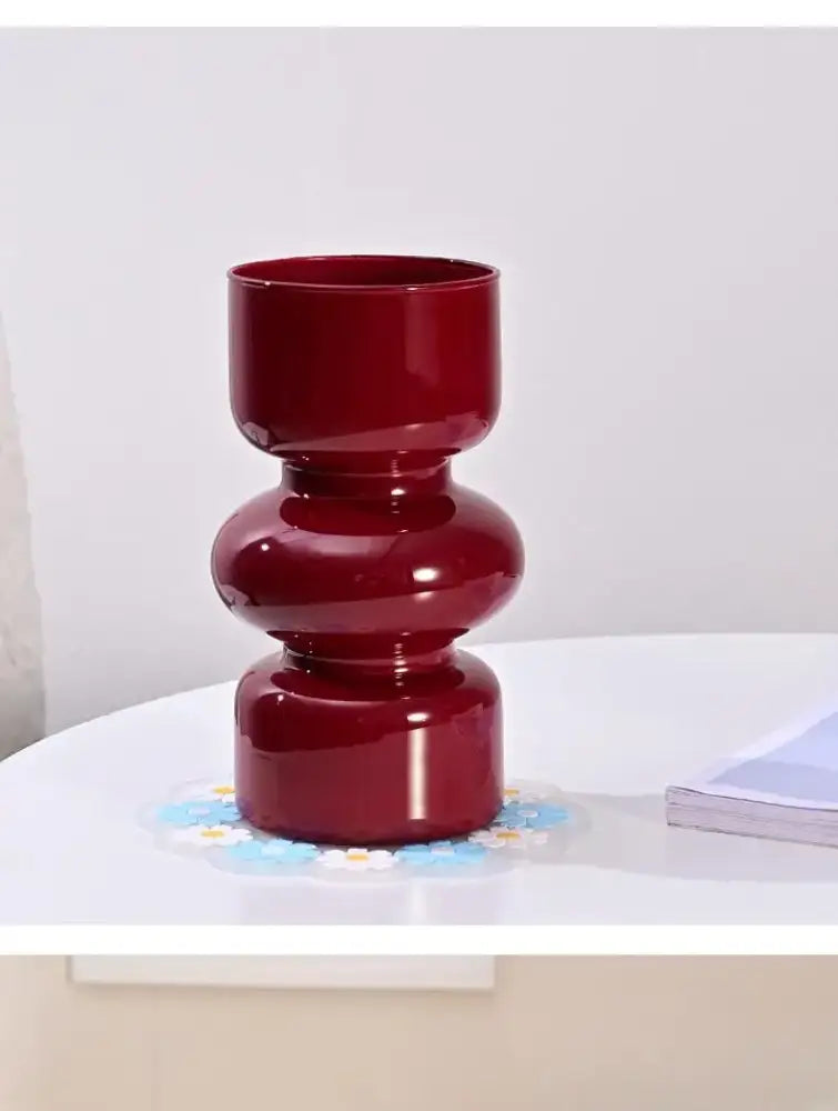 DecorBites™ retro glass vase in deep red ceramic with a glossy finish and modern stacked hourglass silhouette for DIY flowers