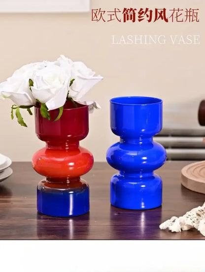 Decorbites™ retro glass vase set features red and blue stacked glass vases with a modern minimalist design for flower arrangements
