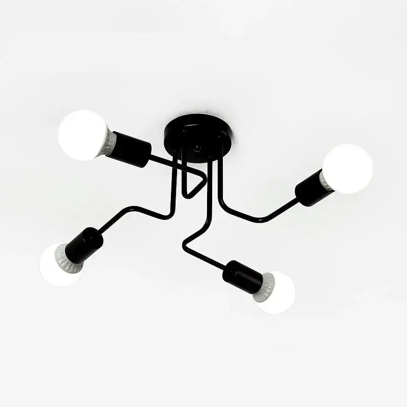 DecorBites™ retro industrial wrought iron ceiling light with four curved arms and spherical bulbs in black metal