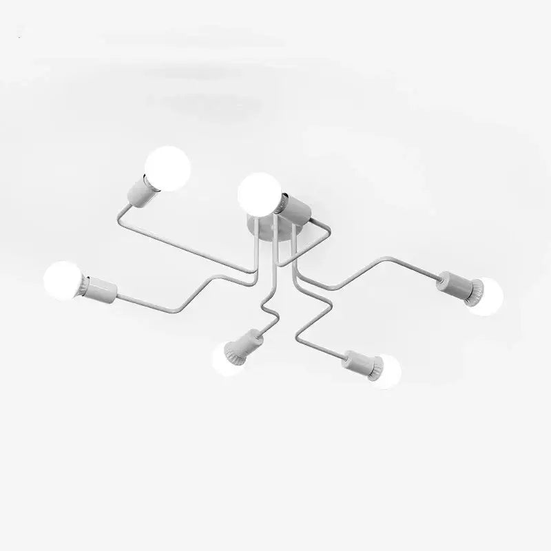 Decorbites™ retro industrial wrought iron ceiling light with six exposed bulb sockets and curved metal arms in white