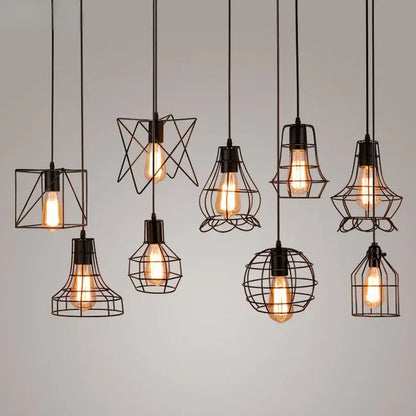 DecorBites™ retro iron art pendant light with black metal cage and exposed filament bulbs vintage industrial style