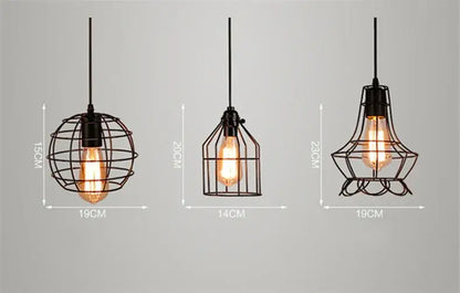 Three black wrought iron art pendant lights with vintage edison bulbs in retro iron art cage designs by decorbites