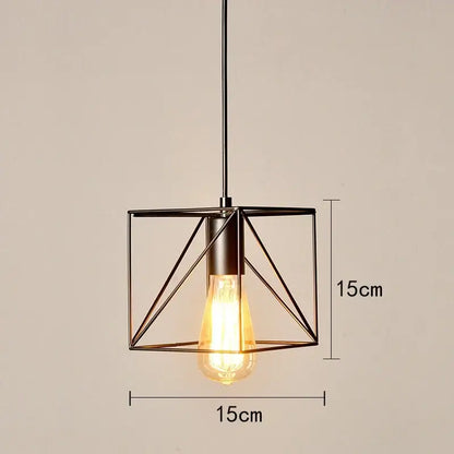 Decorbites retro iron art pendant light featuring black metal geometric design with exposed edison bulb vintage style