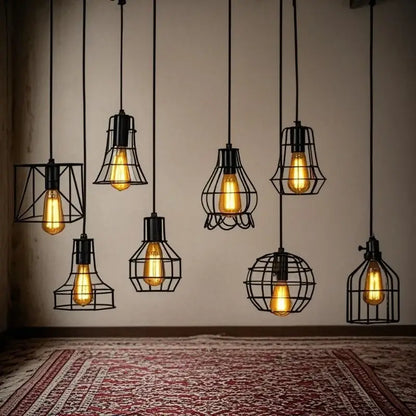Decorbites™ retro iron art pendant light with black wrought iron cage and glowing amber filament bulbs in vintage style