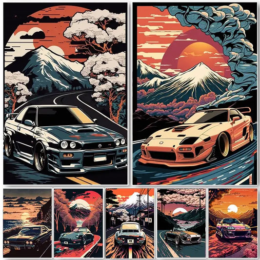 DecorBites™ retro japanese GTR luxury car canvas wall art featuring a sleek black Nissan Skyline r34 in vibrant retro-futuristic style
