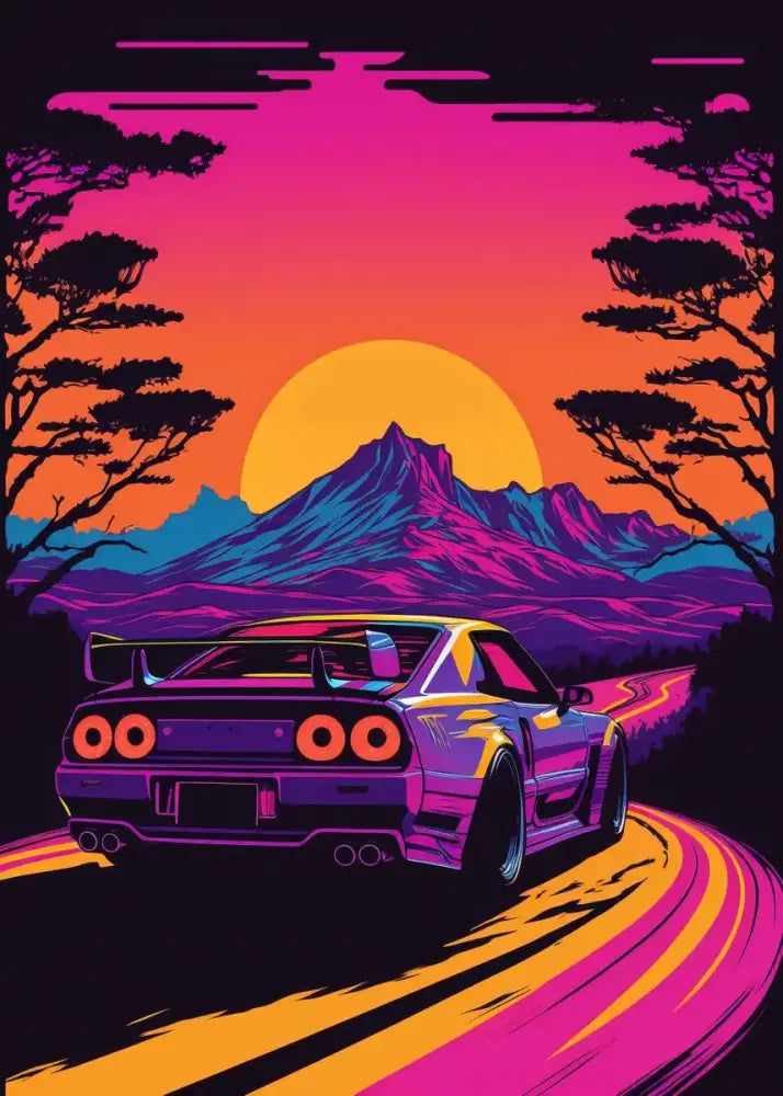 Decorbites™ retro japanese gtr luxury car canvas wall art featuring a purple and yellow nissan skyline r34 on a winding road