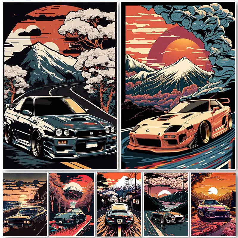 Stylized illustration of black nissan skyline r34 gtr luxury retro car with aerodynamic kit against japanese landscape canvas wall art