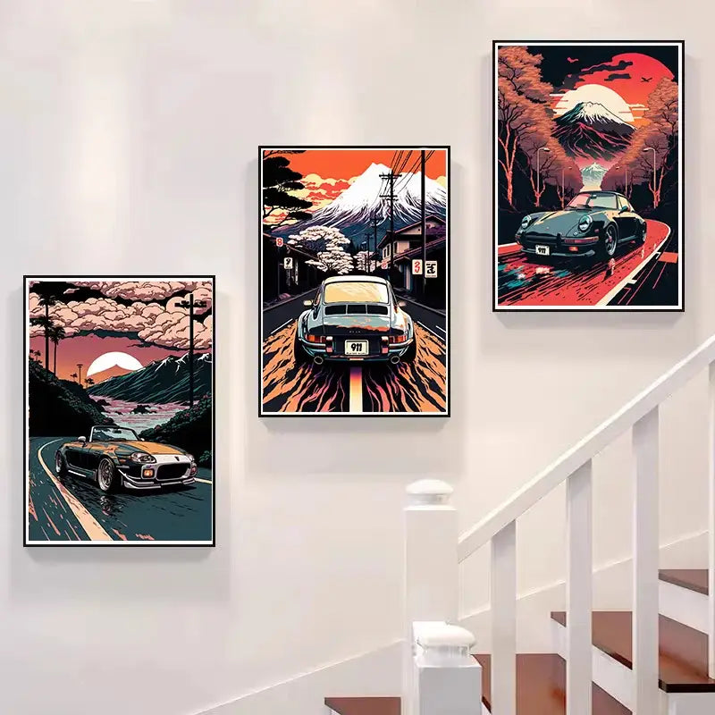 Three framed DecorBites™ retro car canvas wall art featuring gtr luxury cars with bold colors and japanese landscape backdrops