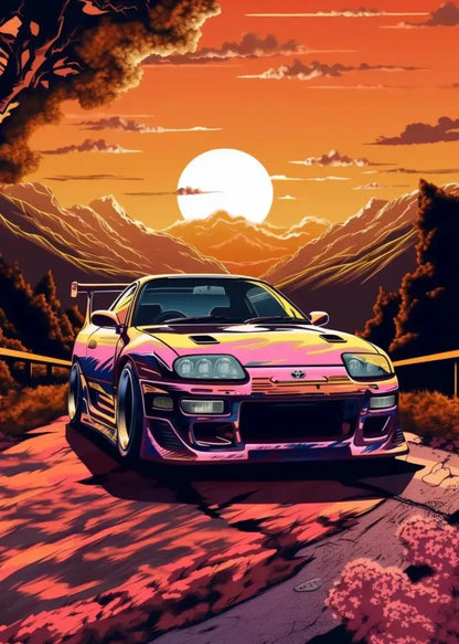 Decorbites™ retro japanese gtr luxury car canvas wall art featuring a vibrant iridescent pink and purple toyota supra