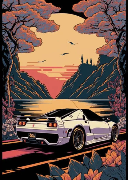 Decorbites™ retro japanese gtr luxury car canvas wall art featuring white nissan r34 skyline gt-r with black stripes and gold rims