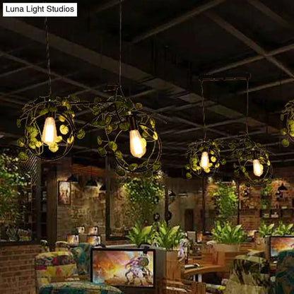 DecorBites™ retro metal bicycle restaurant ceiling light with black wrought iron pendant lamps and green plant decor