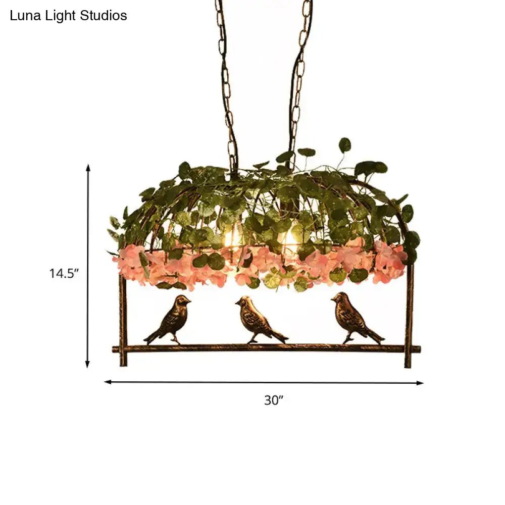 Decorbites™ retro metal birdcage ceiling light in bronze with flower decor featuring vines and pink blossoms for restaurants and islands