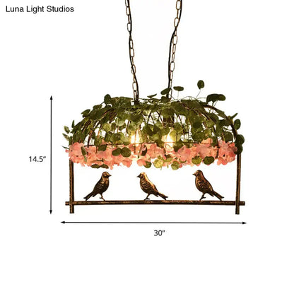Decorbites™ retro metal birdcage ceiling light in bronze with flower decor featuring vines and pink blossoms for restaurants and islands