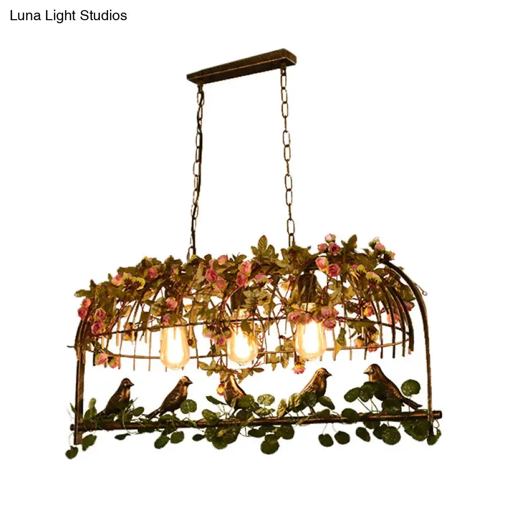 Decorbites retro metal ceiling light in antique bronze with flower decor pink roses green foliage and bird accents