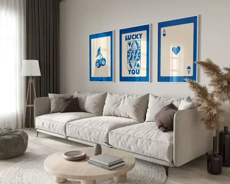 Beige sectional sofa with soft cushioned seating and dark brown throw pillows featured with DecorBites™ hearts canvas art set