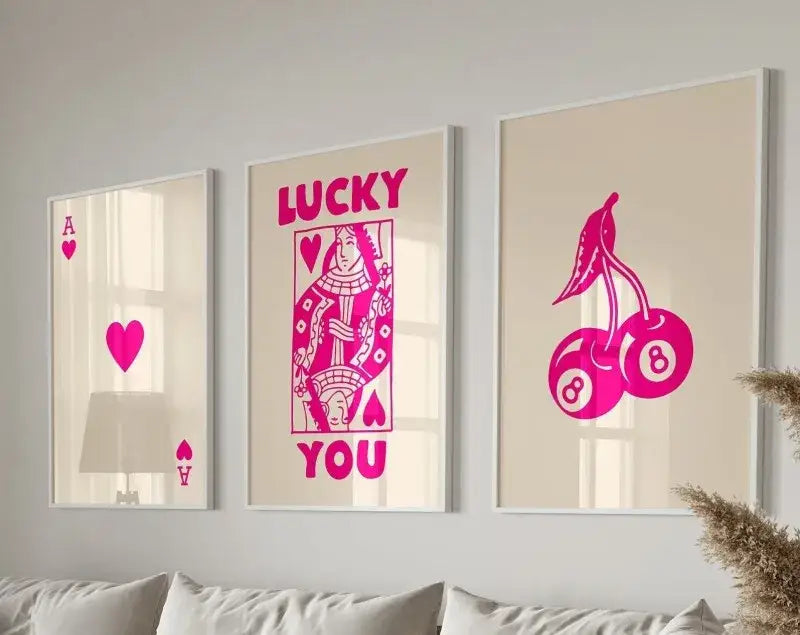 Decorbites retro queen of hearts canvas art set featuring vibrant pink hearts canvas art on cream background in three frames