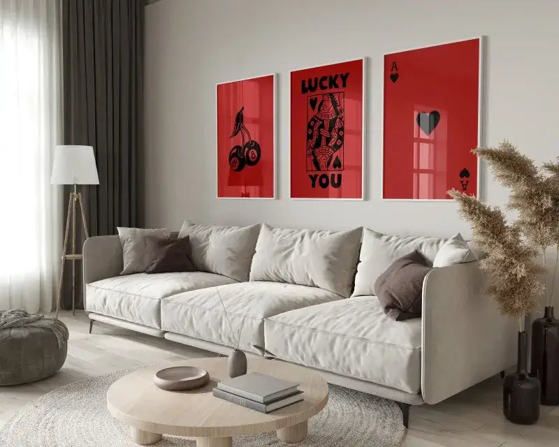 Modern beige sectional sofa with plush cushions next to decorbites™ retro queen of hearts wall art posters