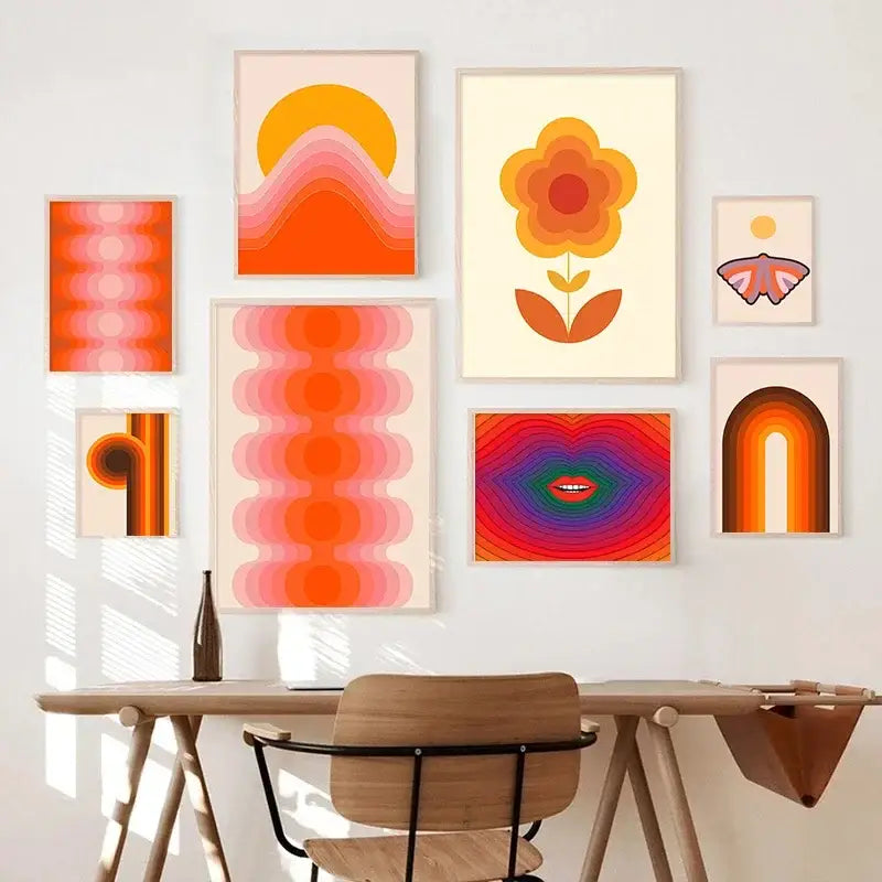 A collection of decorbites™ retro rainbow boho art prints with vibrant orange and pink gradients in minimalist frames