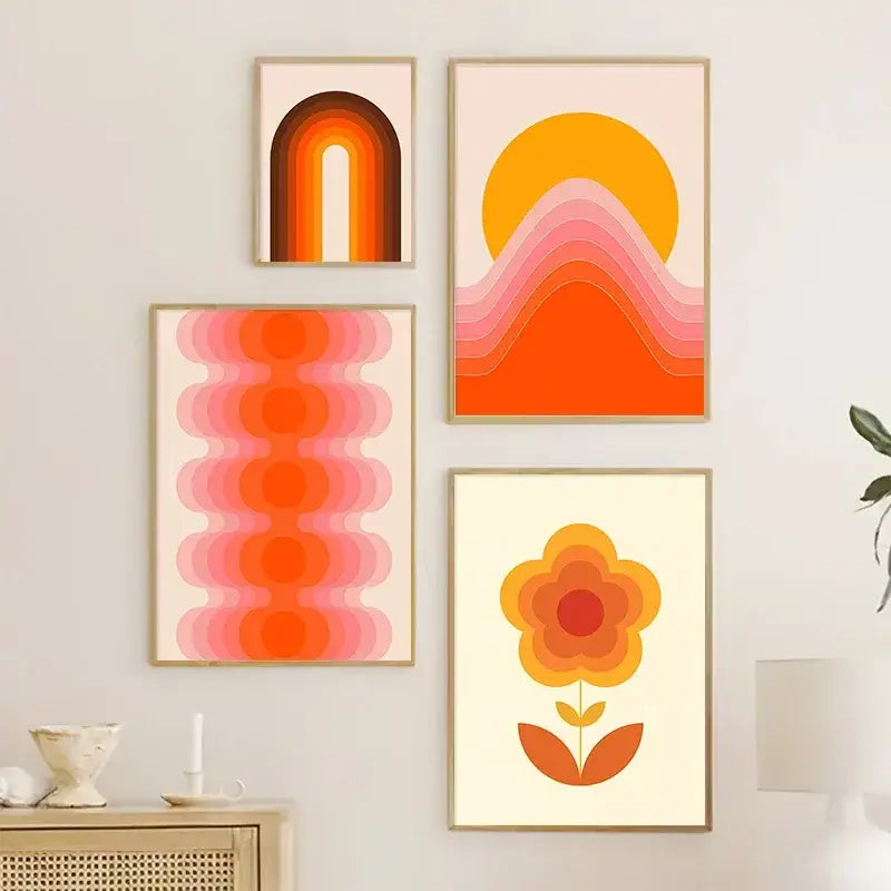 Set of four decorbites™ retro rainbow boho art prints canvas featuring warm orange pink and yellow geometric gradients