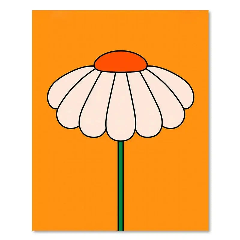 Decorbites™ retro rainbow boho art prints canvas featuring a stylized white daisy with orange center on vibrant orange background