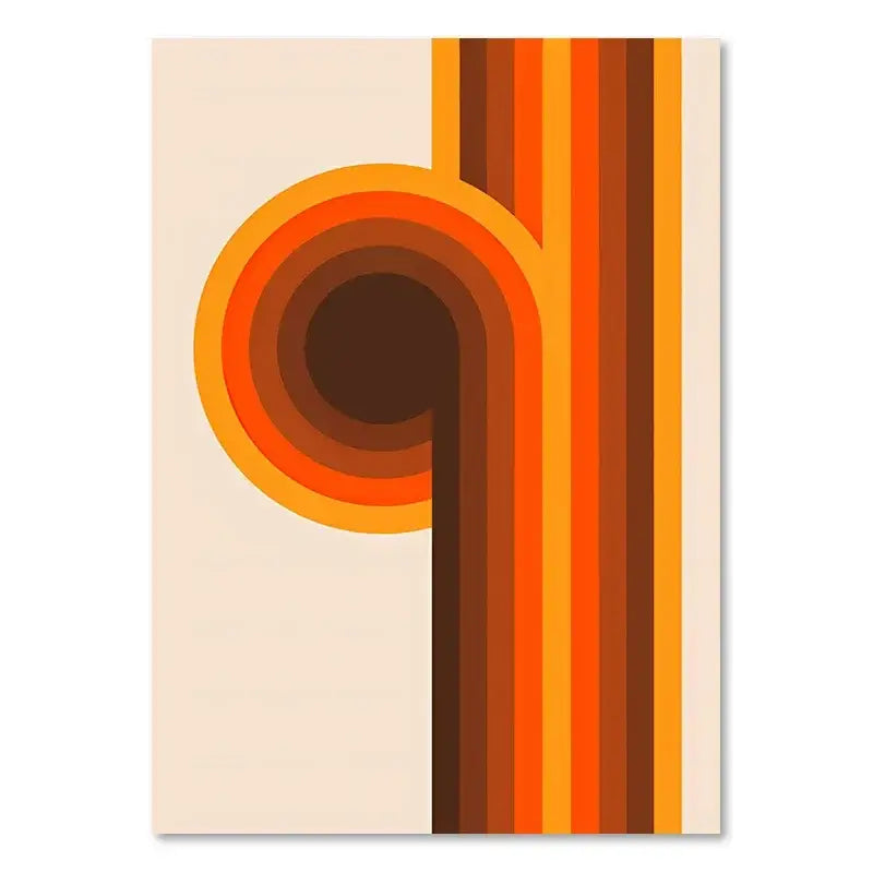 DecorBites™ retro rainbow boho art prints canvas featuring vibrant orange and brown circular swirls and striped bands