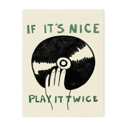 Cream-colored DecorBites™ retro record player canvas wall art featuring a hand holding a black and white vinyl record with green text