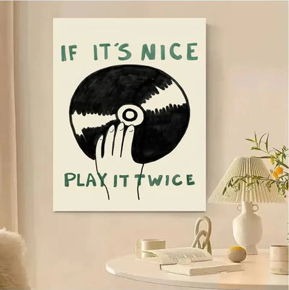 Decorbites™ retro record player canvas wall art with black and white hand illustration and green modern music play text