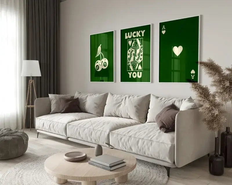 Three framed green wall art posters by decorbites featuring playing card designs and lucky you text wall art